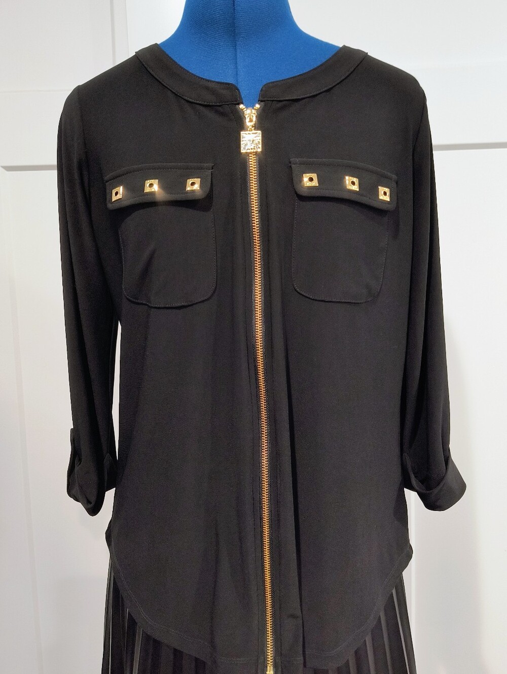Anne Klein Black Zip-Front Blouse with Gold Hardware
